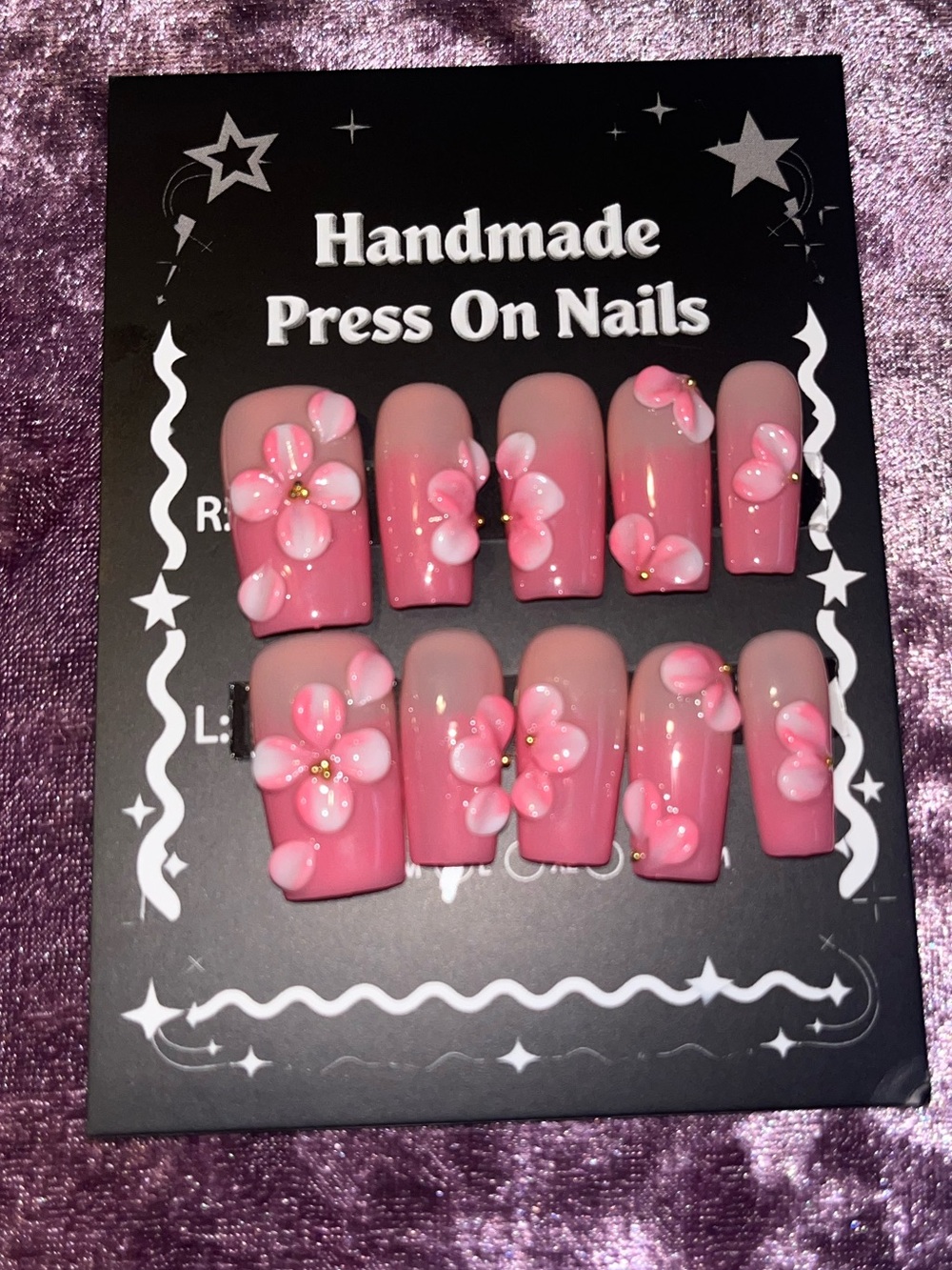 Handmade Pink Press On Nails with 3D Floral Accents
